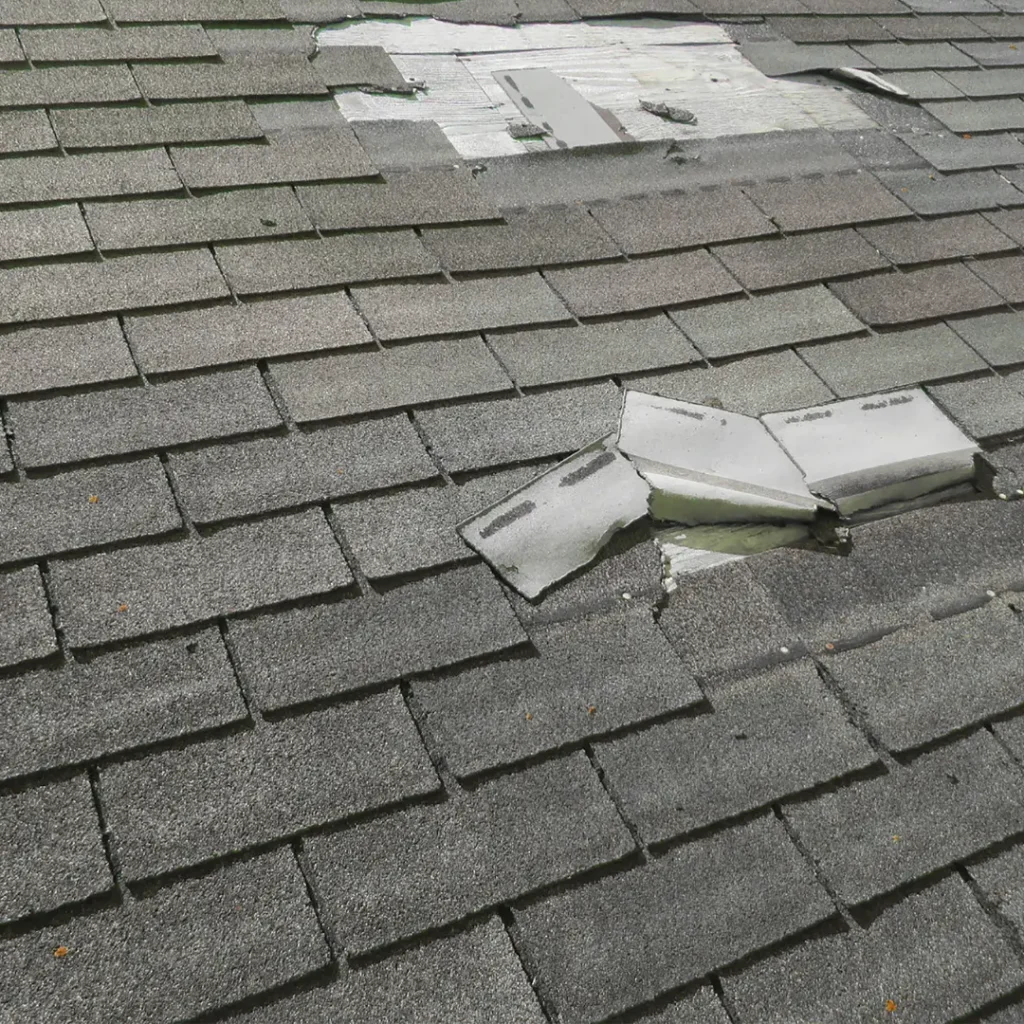 A broken roof shingles on a roof after hail