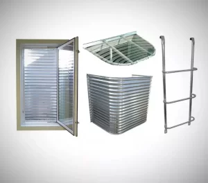 Complete Egress Kit with a metal well, a ladder, an unbreakable low-profile window well cover and an in-swing basement window. Well & window sizes available. Call for quote!